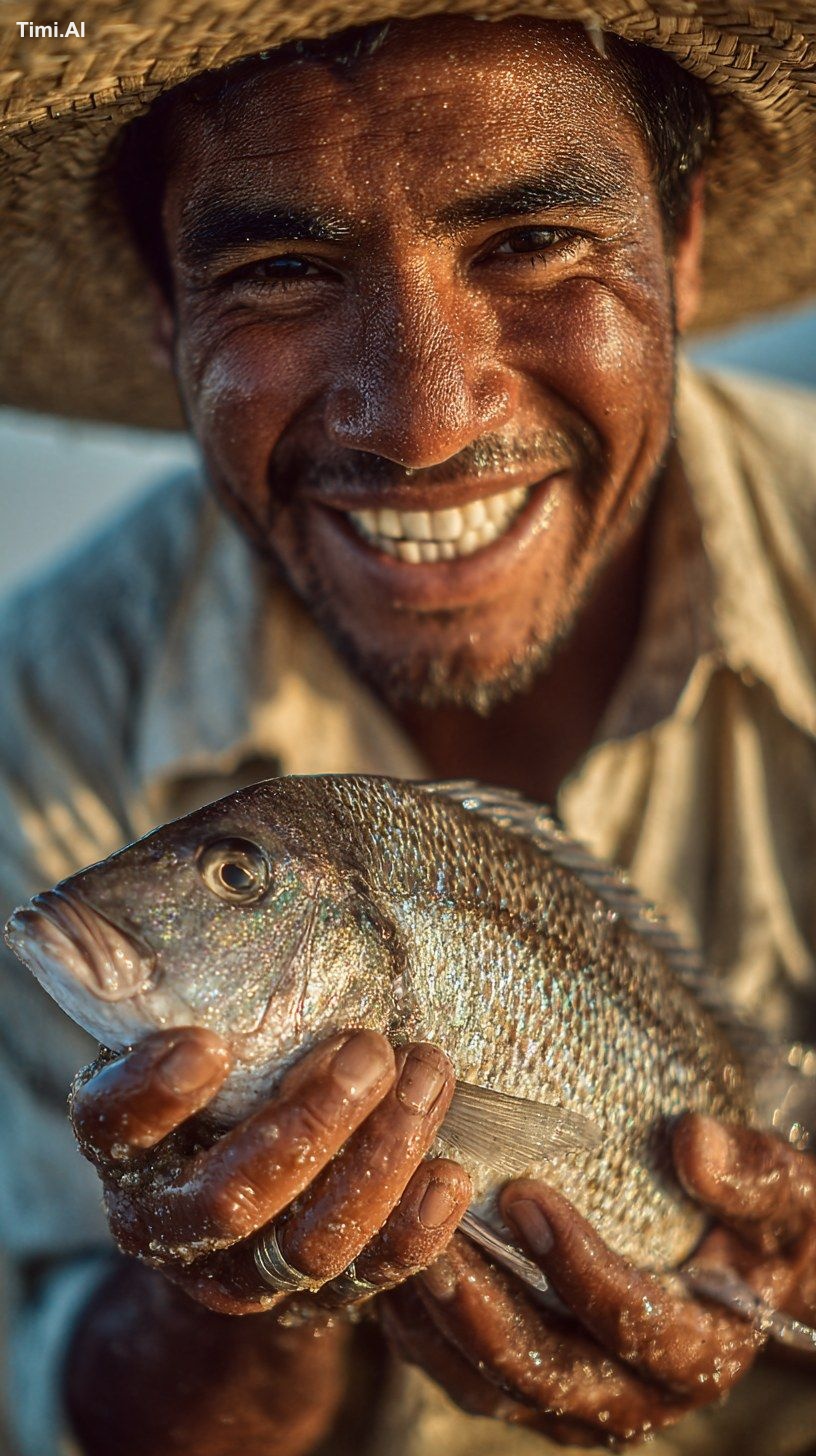 Close-up portrait of a smiling Mexican fisherman holding a freshly caug…
