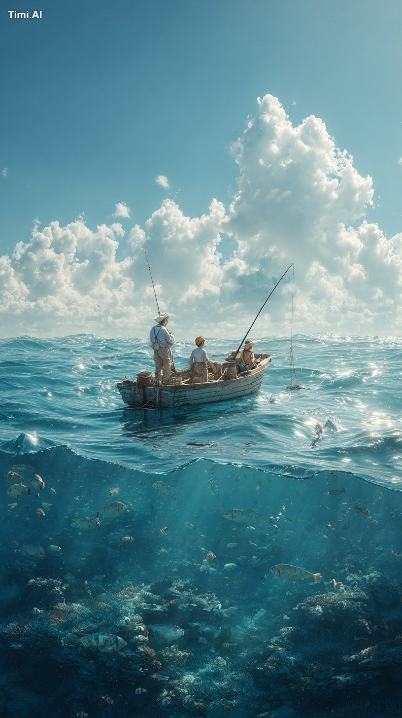 photorealistic, little boat with a family who is fishing near of nowher…