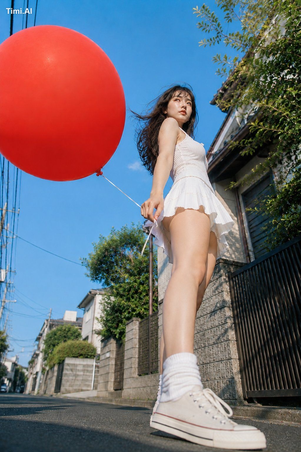 赤い風船ひとつで、いつもの道が少しだけ遠く見えた。🎈☀️👟 青空の下、風だけが先に夏へ向かっていく。 #AIart #AI写真 #夏空 【…