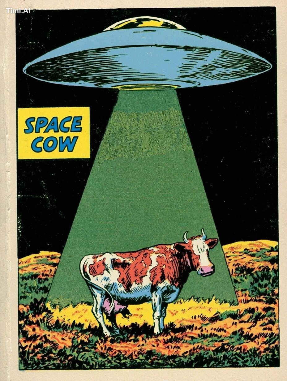 A comic book cover featuring a flying saucer using a green beam to lift…