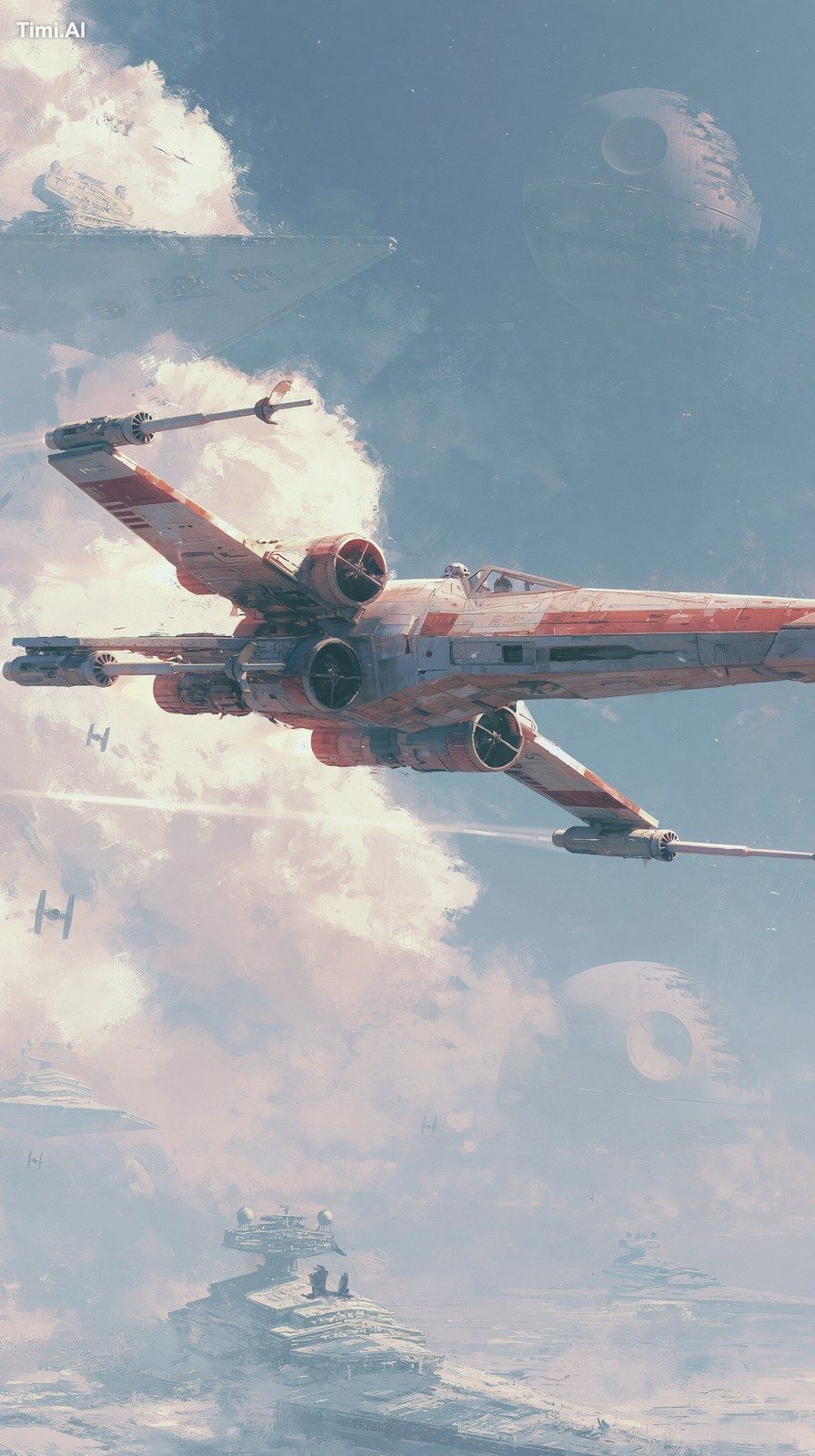 erstelle ein Bild eines StarWars X-Wing Starfighters. Im bild soll auch…