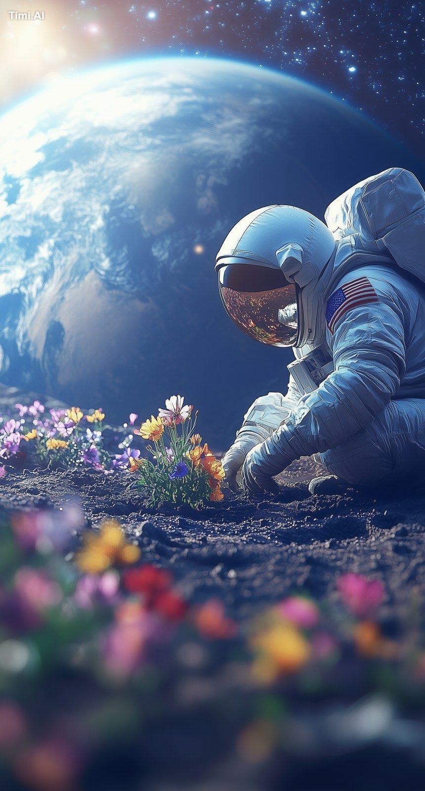 An astronaut planting flowers on the moon's surface, surrounded by colo…