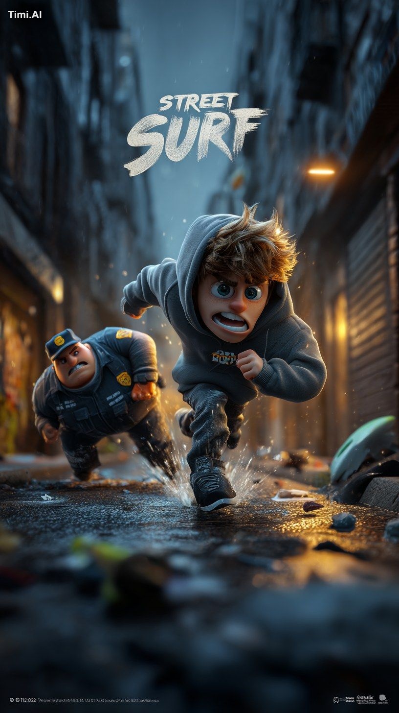 A dramatic 3D animated scene of a teenage boy in agrey hoodie** with "S…