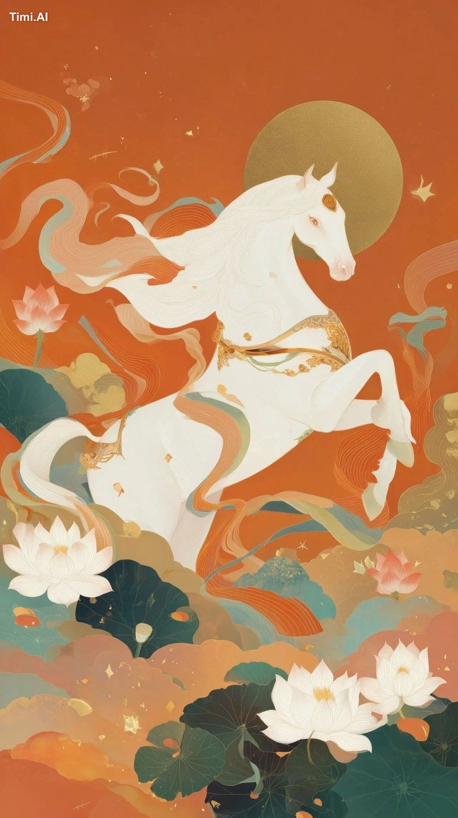 A majestic white horse galloping in the sky, traditional Chinese painti…