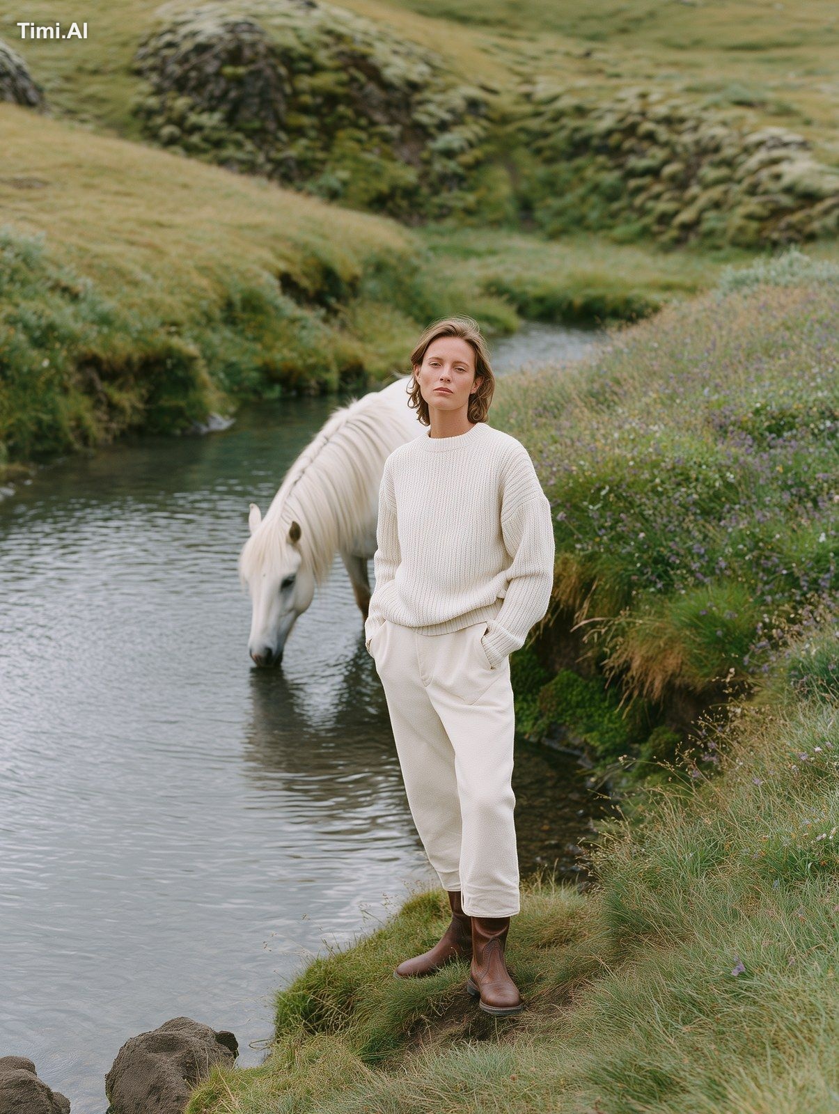 High-angle shot from above, featuring a female model with a white horse…