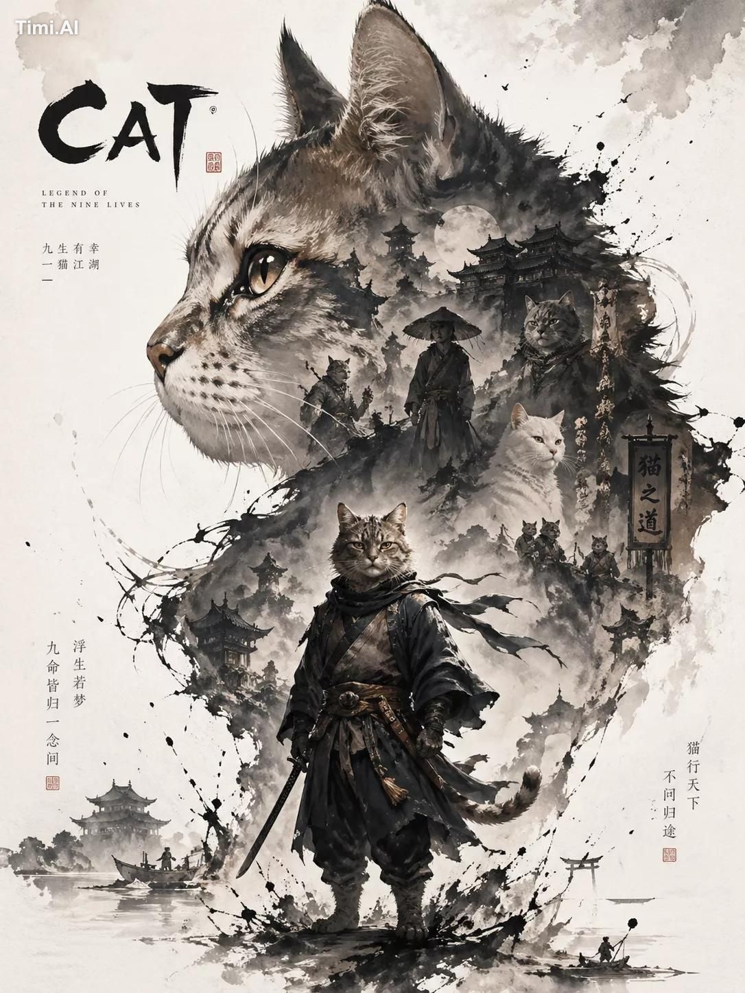 Generate a "cat" character promotional poster with a straight main visu…