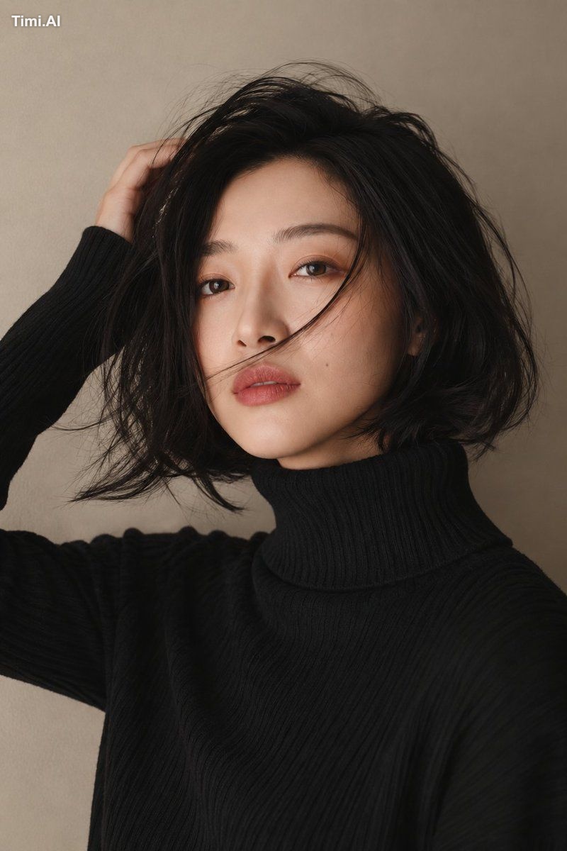 创作一幅写实的竖幅特写美妆时尚人像，风格柔和简约，适合室内拍摄。画面中是一位东亚成年女性，镜头从上半身延伸至头顶，她位于画面中心偏右的位置，背… 3