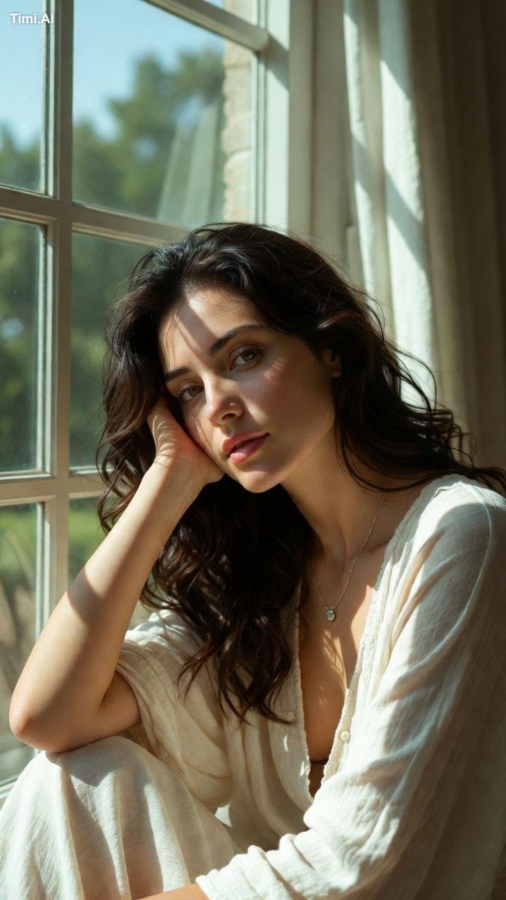 Natural window light portrait, beautiful woman sitting by a large windo…