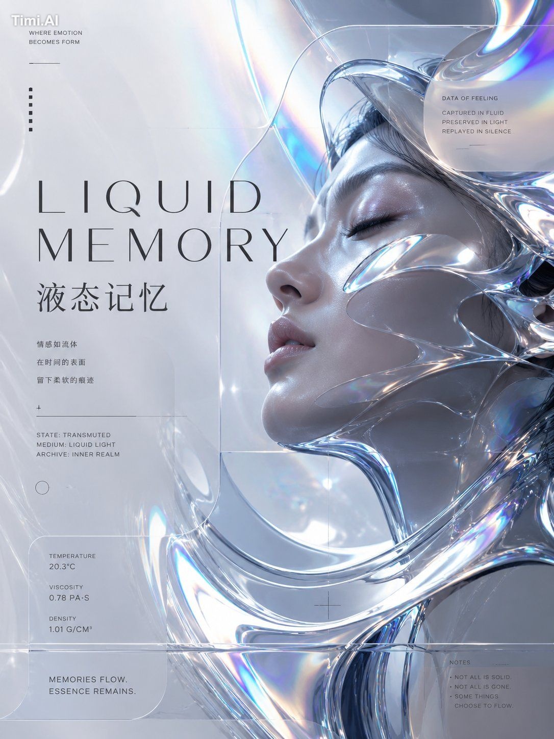 生成一张竖版 3:4 赛博人像概念海报，主题为「【主题名称】」。 画面主体是一位未来感人物半身或侧脸人像，人物气质冷静、克制、神秘，不要夸张表…