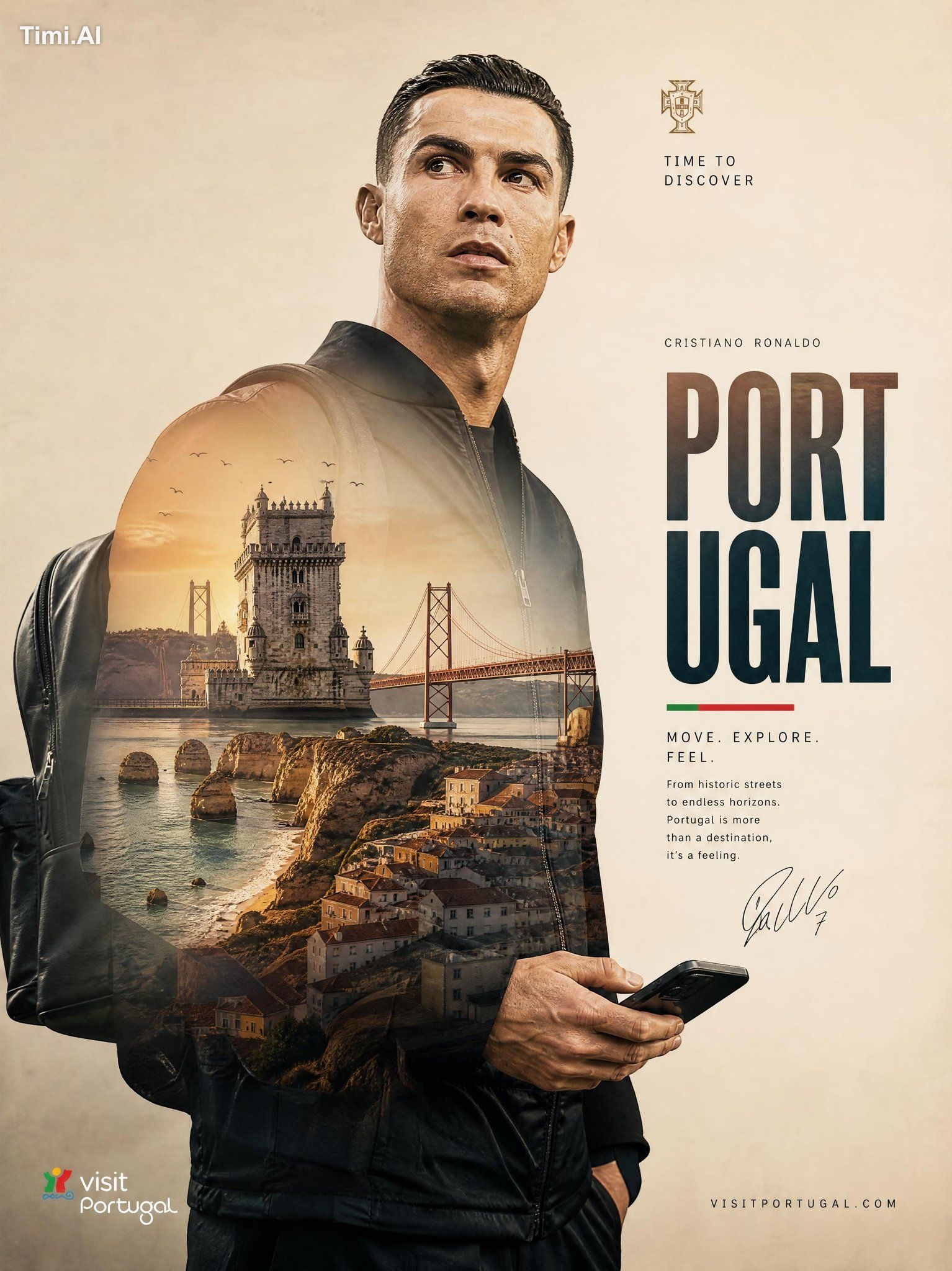 Ultra-premium travel tourism poster featuring Cristiano Ronaldo, design…