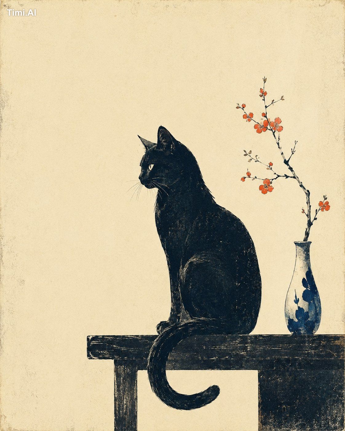 一张极简复古日式版画风插画，主体为【xxx】，画面保留大面积米白色、象牙白或淡奶油色纸张背景，背景带有细腻纸纹、轻微老化感、手工印刷颗粒和柔和… 2