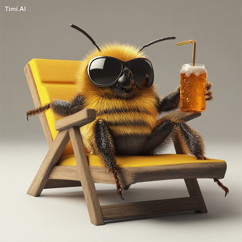 funny bee with sunglasses sitting on a lounge chair drinking a honey so…