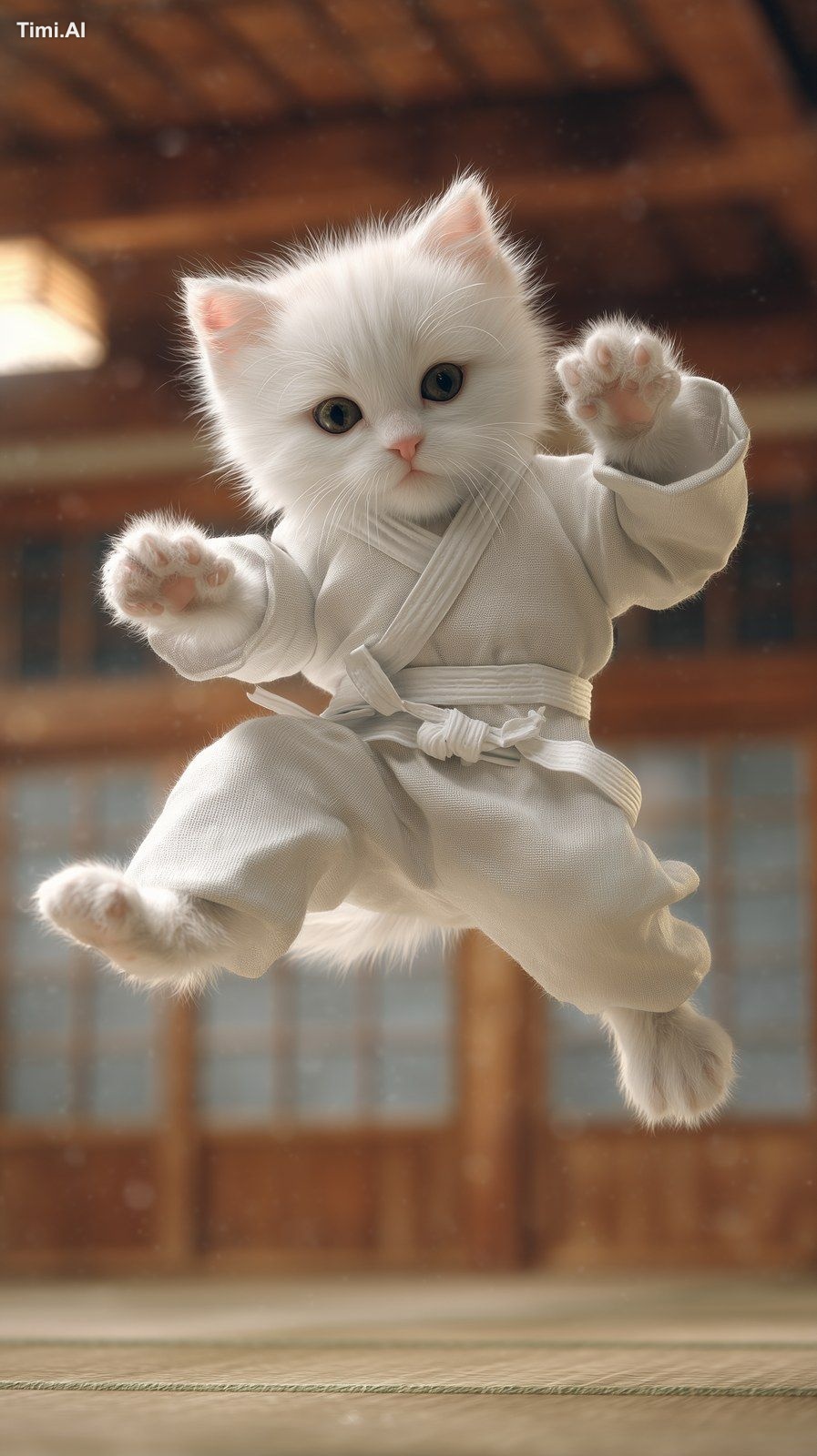 White kitten in a tiny karate gi facing the camera, mid-air jump kick, …