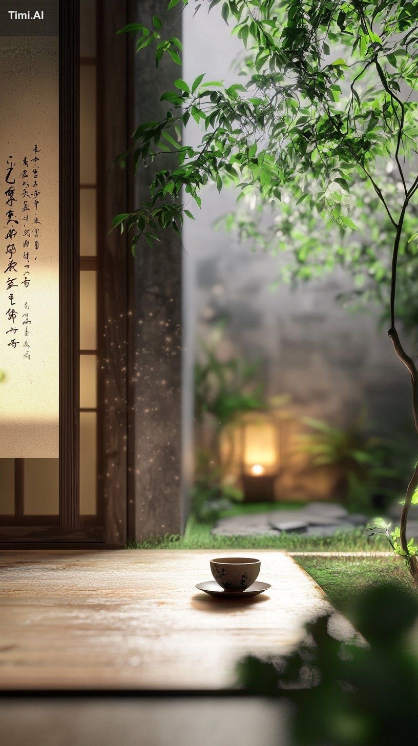 At night, the minimalist Chinese Zen style room, with calligraphy and c…