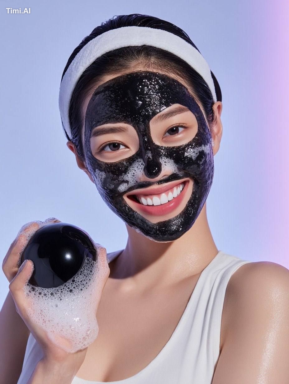 A skincare advertisement featuring a cheerful young Japanese female mod…