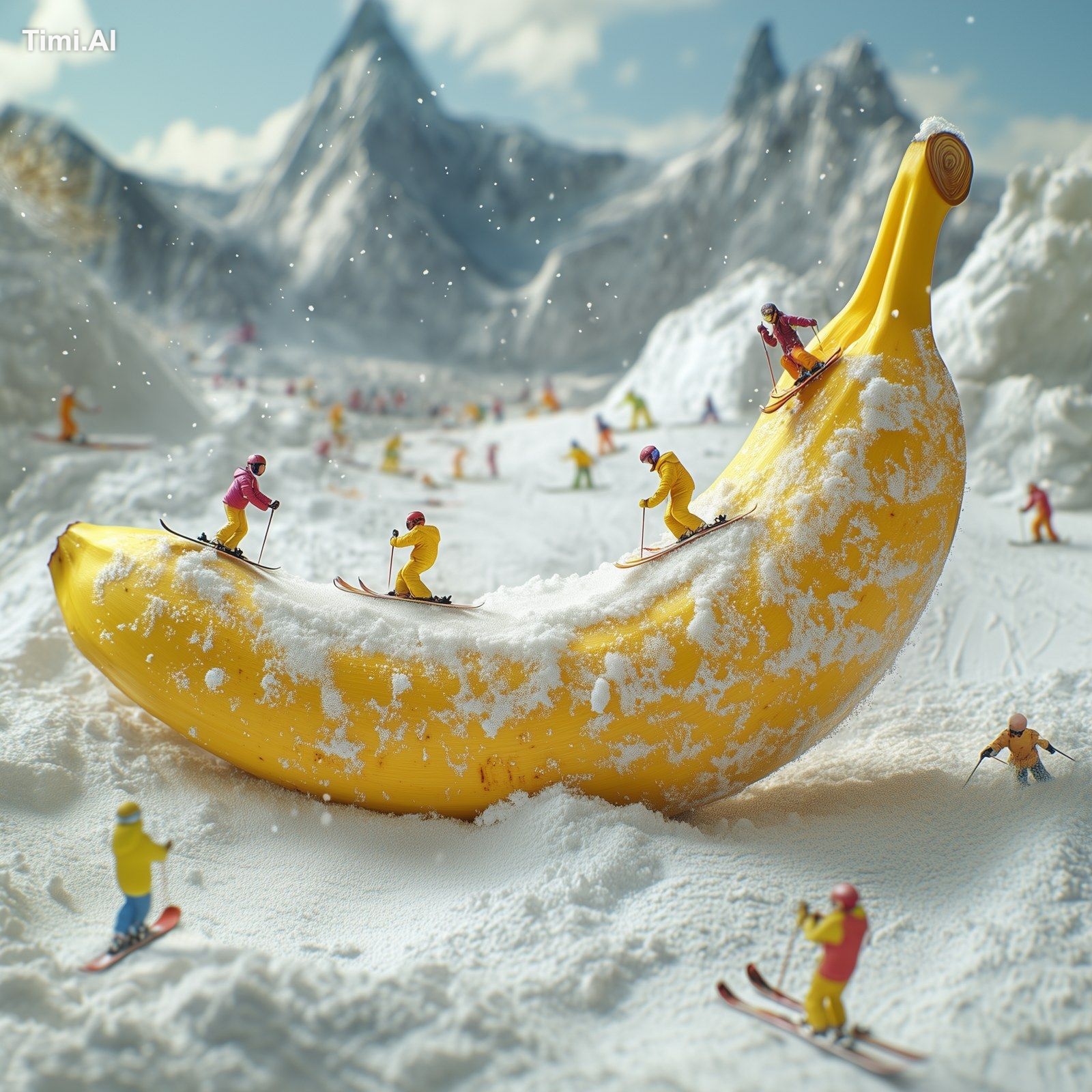 A giant banana with skiers on it, standing in the snow and surroundedby…