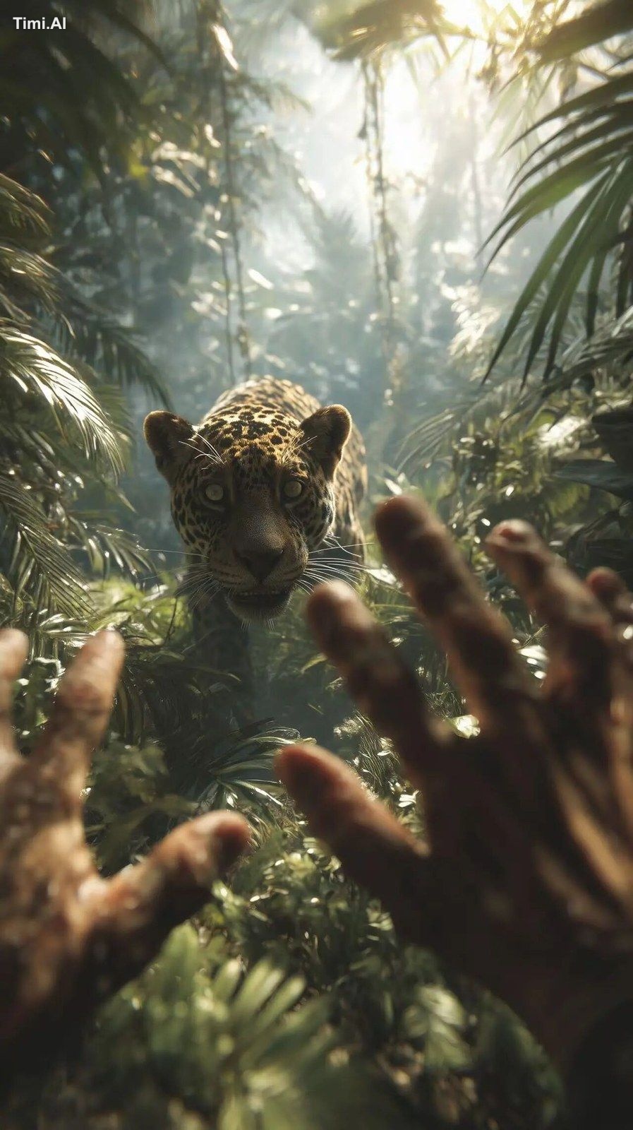 Hyper-realistic first-person POV deep in the Amazon rainforest,hands tr…
