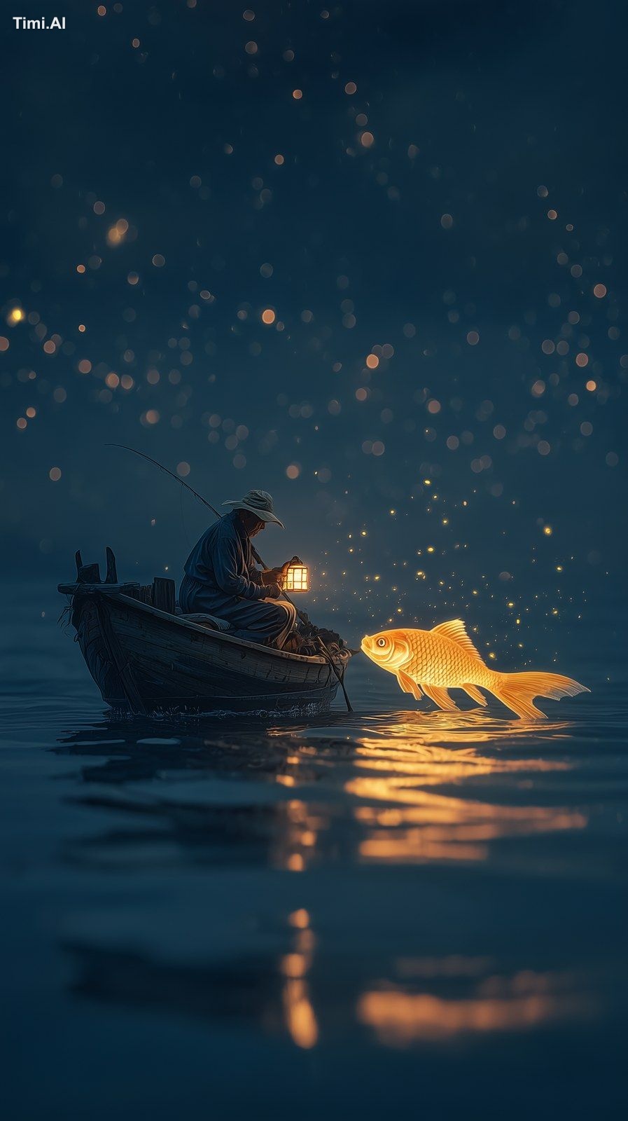 An old fisherman sitting in a small wooden boat under a starry sky, cal…