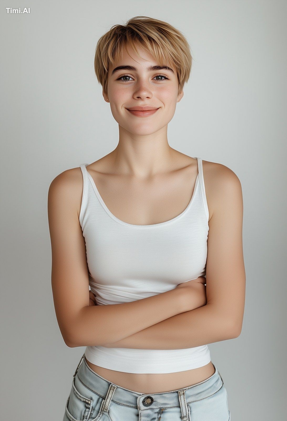 A hyper-realistic studio full front portrait medium long shot of a youn…