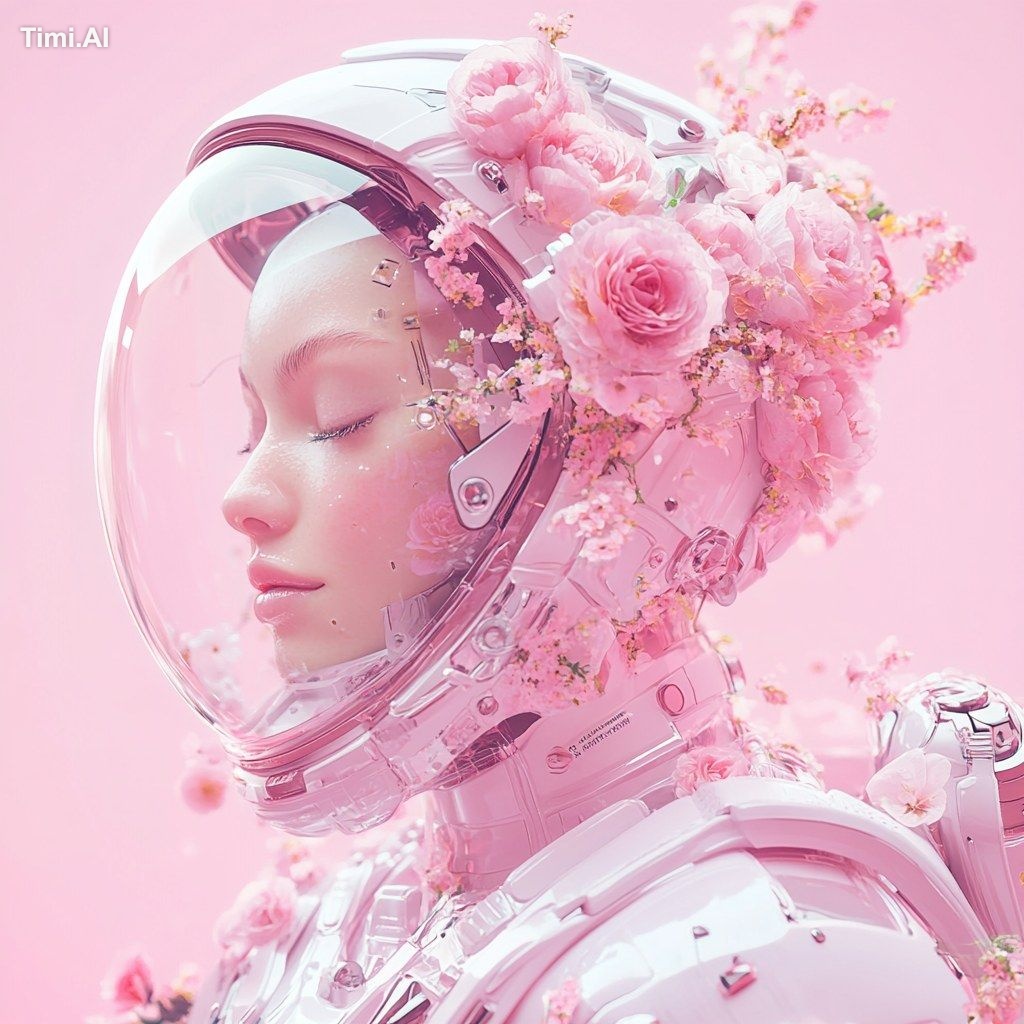 A futuristic female astronaut with a sleek, pastel pink spacesuit and a…