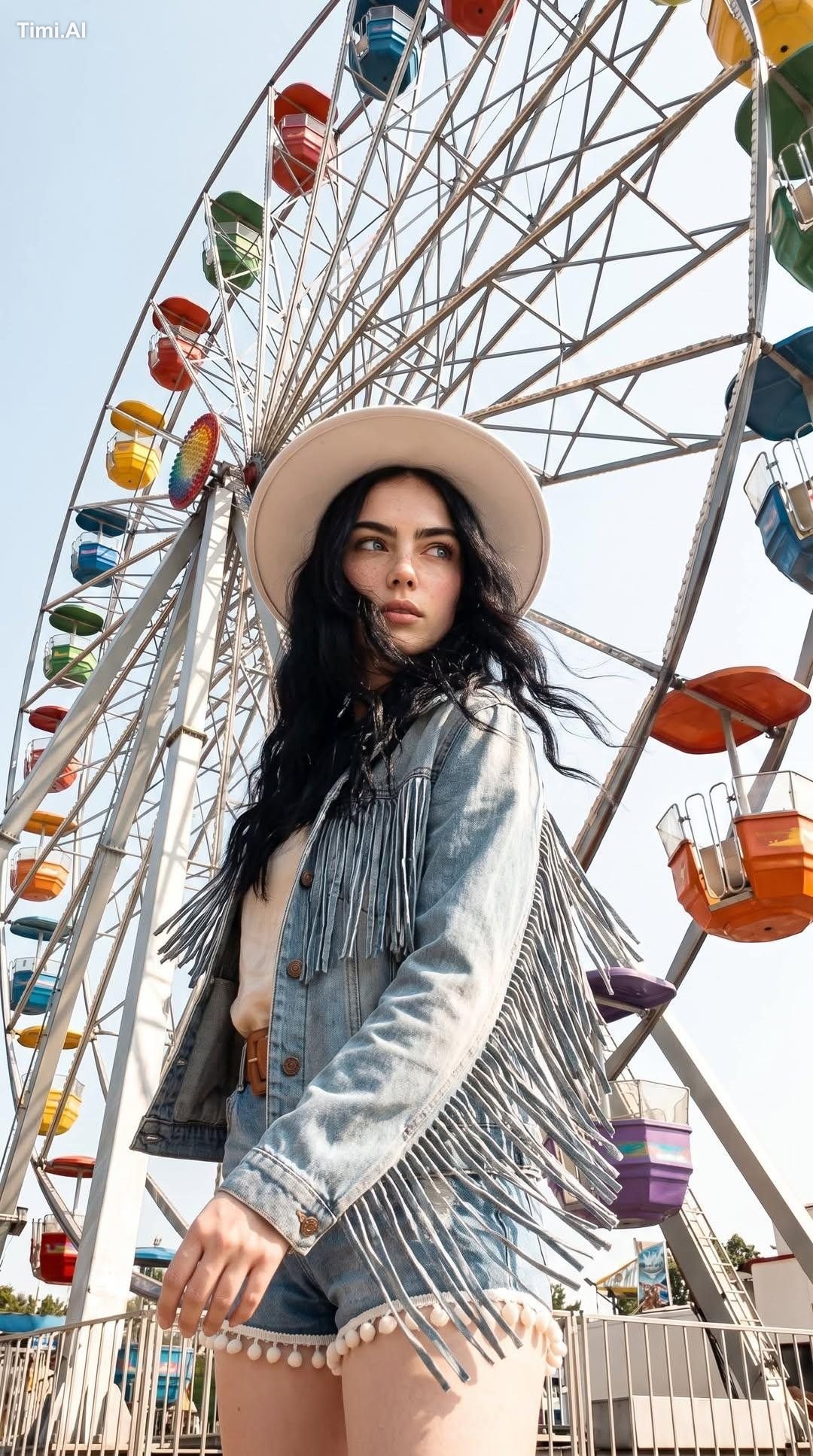 Shot from a low-angle perspective. The woman is wearing a boho-chic out…