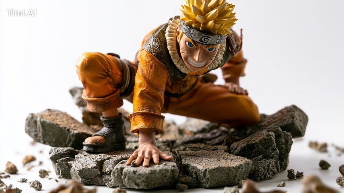 [Character] in his iconic pose, [Universe Name], standing on a shattere…