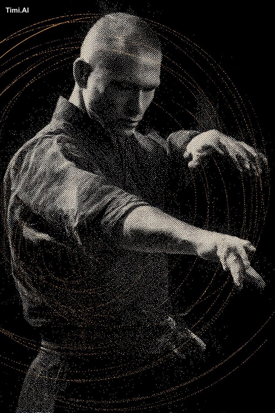 A man in a Japanese short collared black long sleeve martial arts shirt…