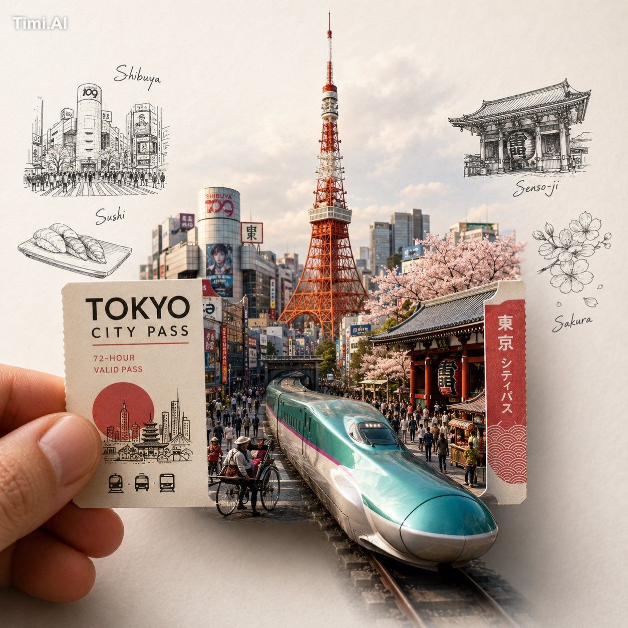 ChatGPT Image 2.0: 手前には、片手で持った「その都市を代表する交通チケットまたはフリーパス」を配置してください。 チケットは…