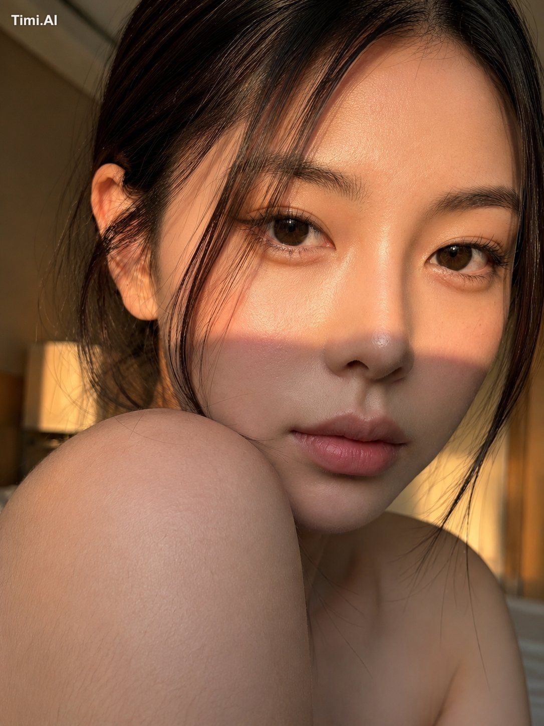 Create an ultra-realistic, intimate close-up beauty portrait of a stunn…