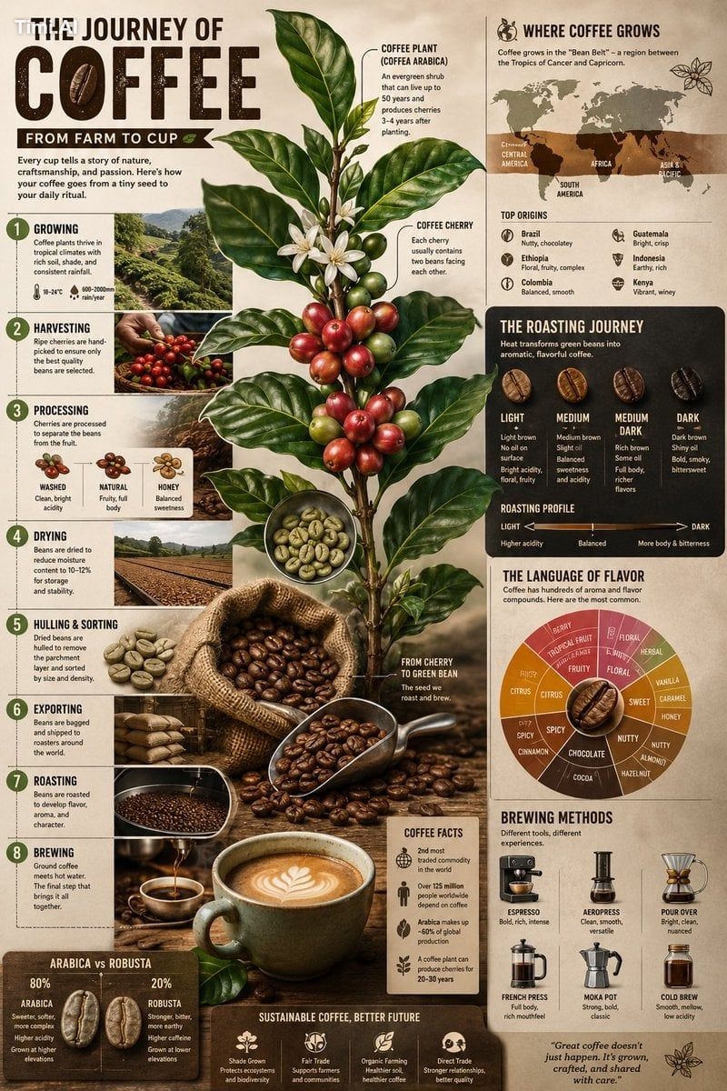 Create a visually rich infographic showing the journey of coffee from f…
