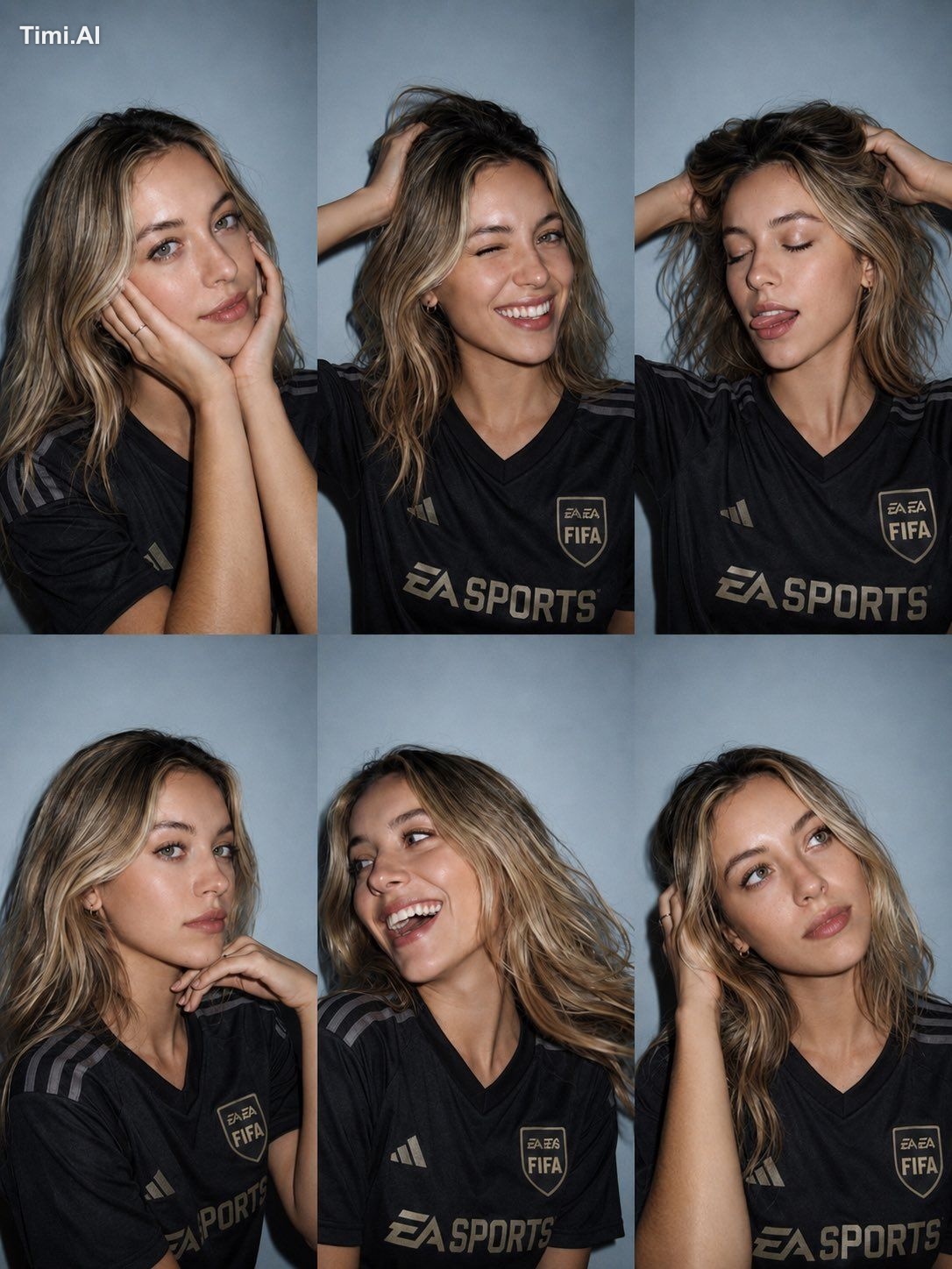 Ultra-realistic 6-photo collage (3×2 grid) of the same person using cli…