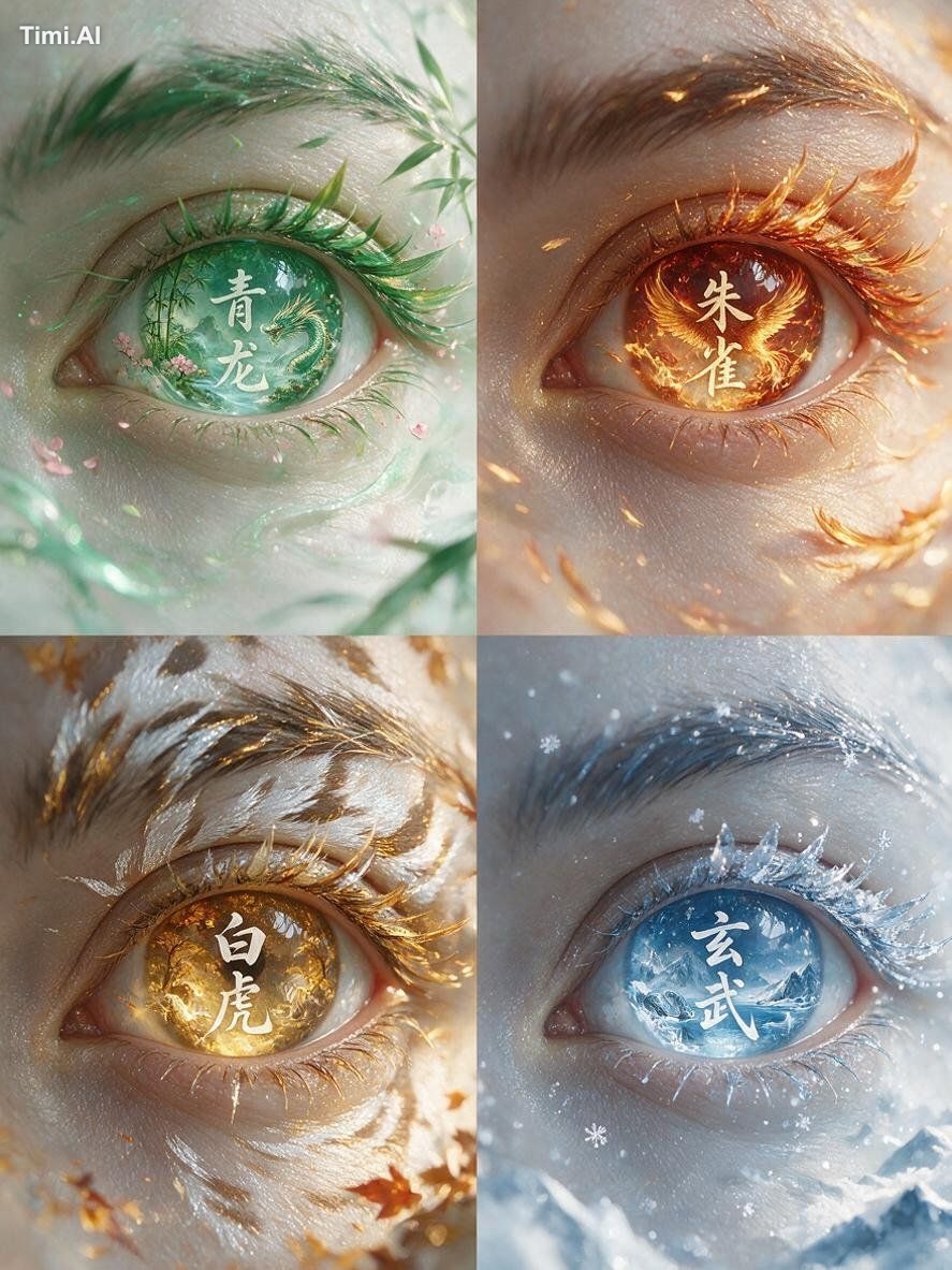 以眼部特写参考图作为唯一人物眼睛参考，生成一张 3:4 四屏构图东方幻想艺术眼眸写真。 四个画面分别代表中国传统四象：青龙、朱雀、白虎、玄武。… 1