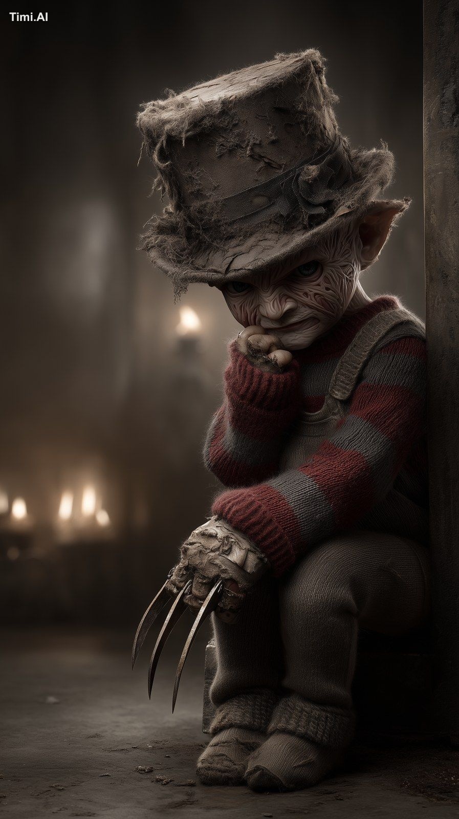 a baby Freddy Krueger, chubby infant with tiny clawed glove, wearing a …