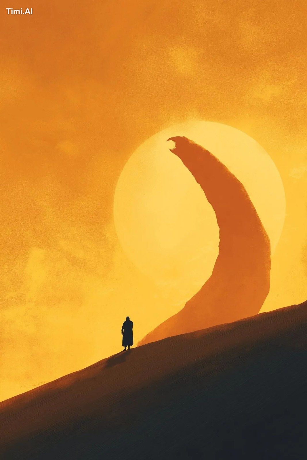 Giant sandworm of Arrakis rising from the dune, captured in silhouette …