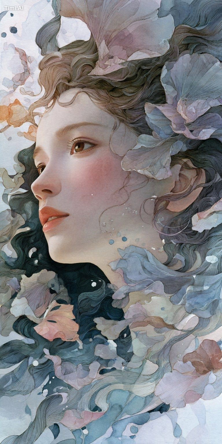 ethereal watercolor and oil painting, beautiful melancholic woman, bogr…