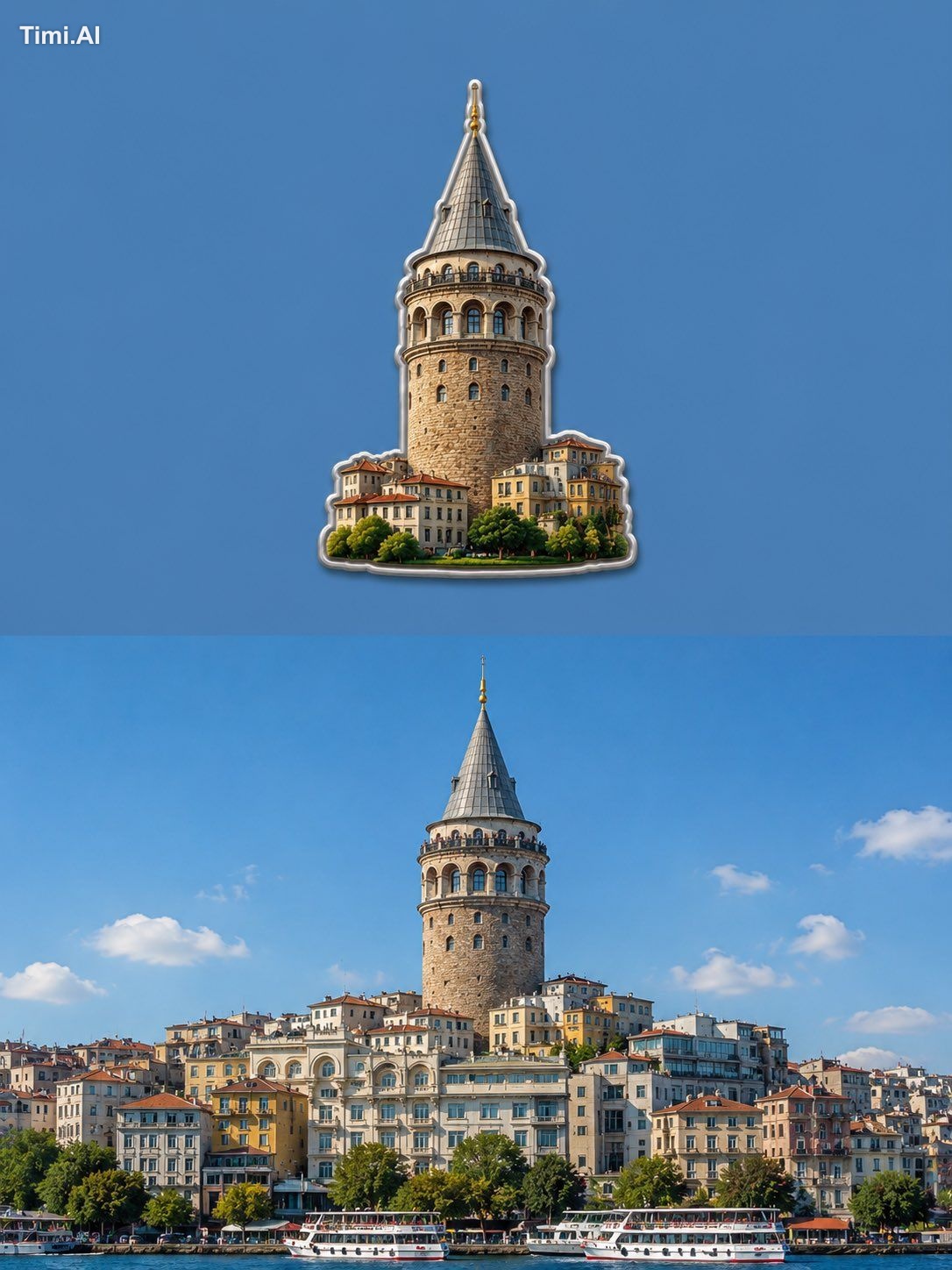 create a matching travel poster image divided into two parts (top and b…