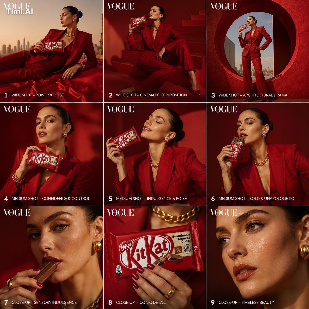 Create a 3×3 storyboard grid (9 images total) in a Vogue high-fashion e…