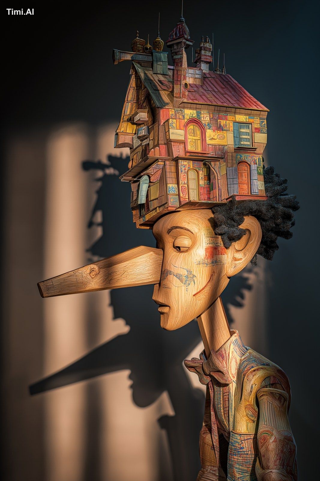surrealist wooden puppet Pinocchio with an exaggerated long nose transf…