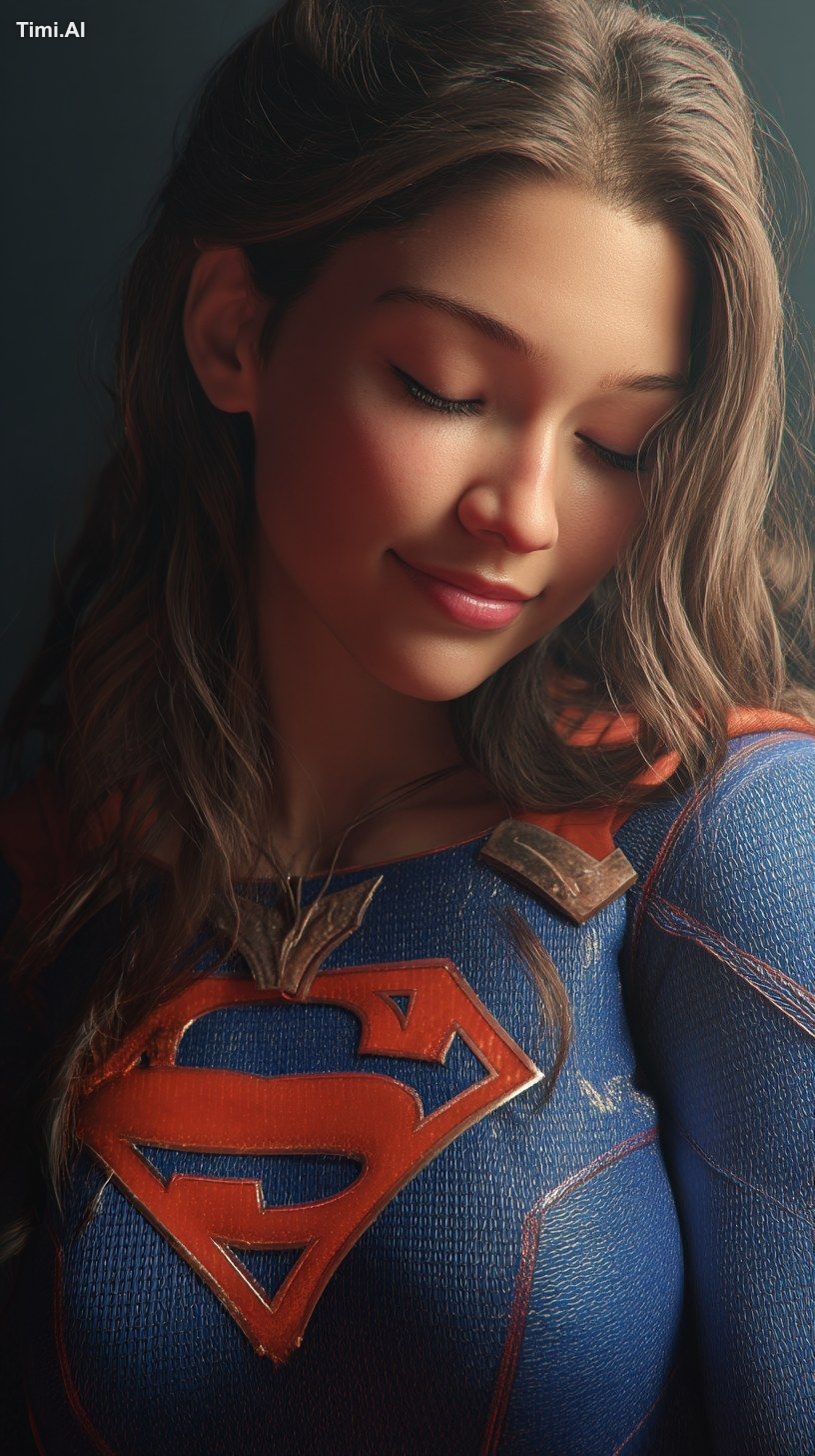 Portrait of a beautiful female superhero in a blue suit with a red "S" …