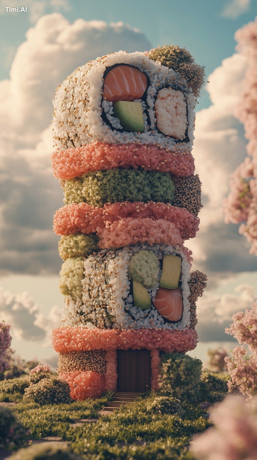 A whimsical house entirely constructed from sushi rolls, featuring vibr…