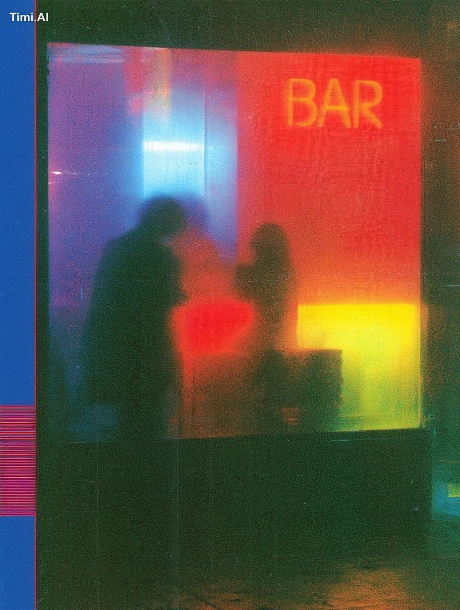 window of a night bar from the street, warm light from the window --ar …