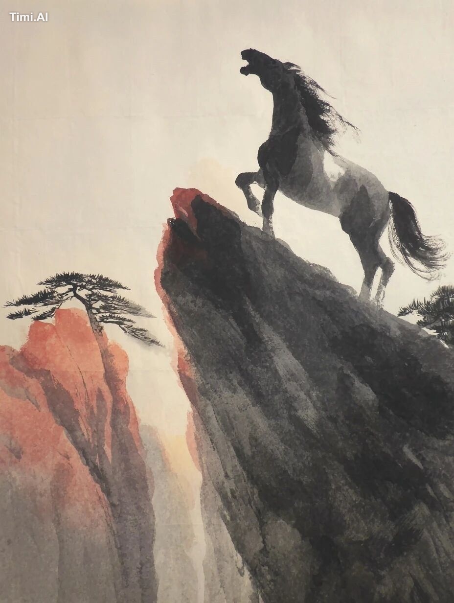 A close-up of male red horse roars valiantly on a rock at the top of a …