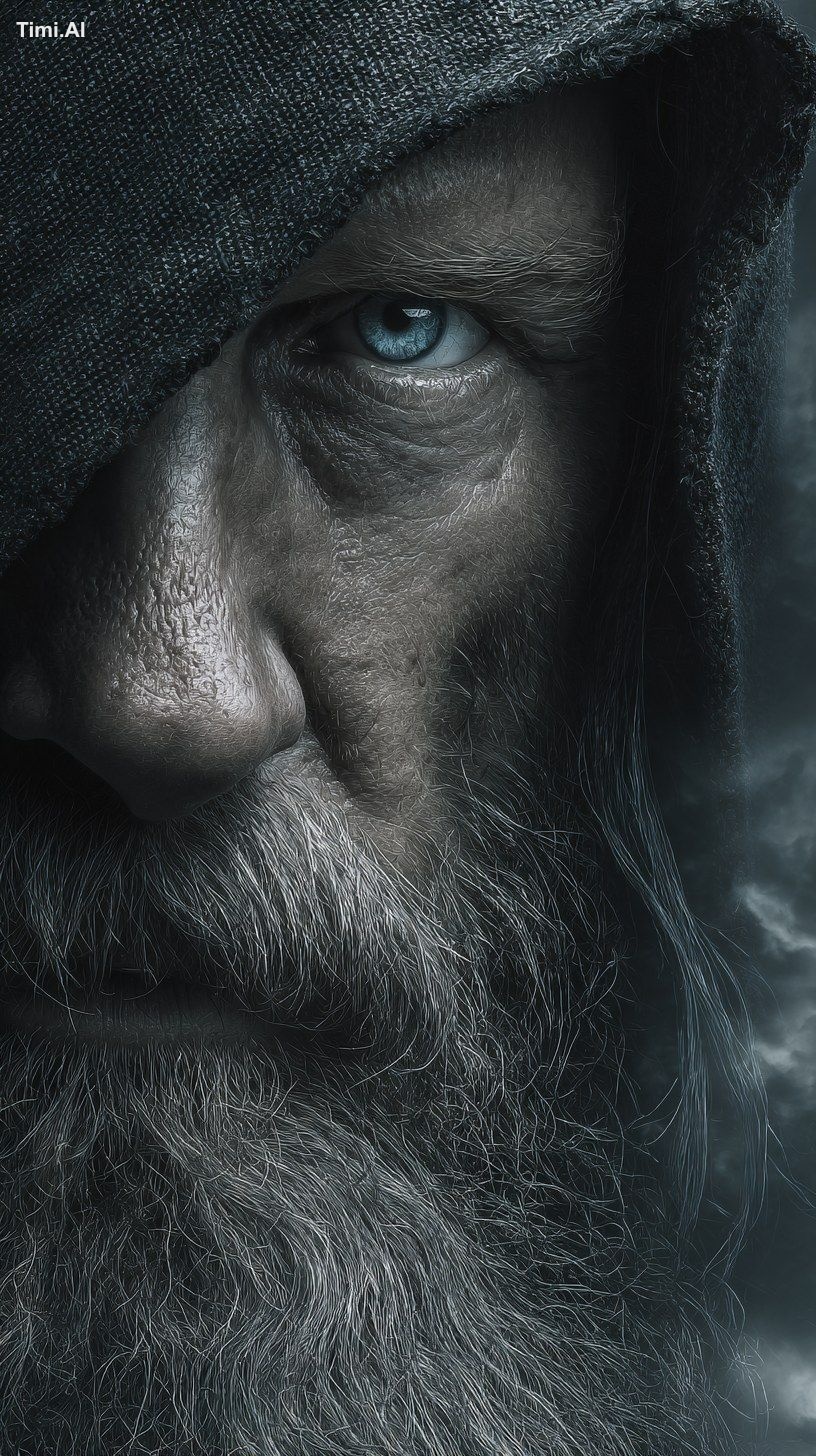 Close-up of Odin’s glowing eye under a shadowed hood, intense and wise …