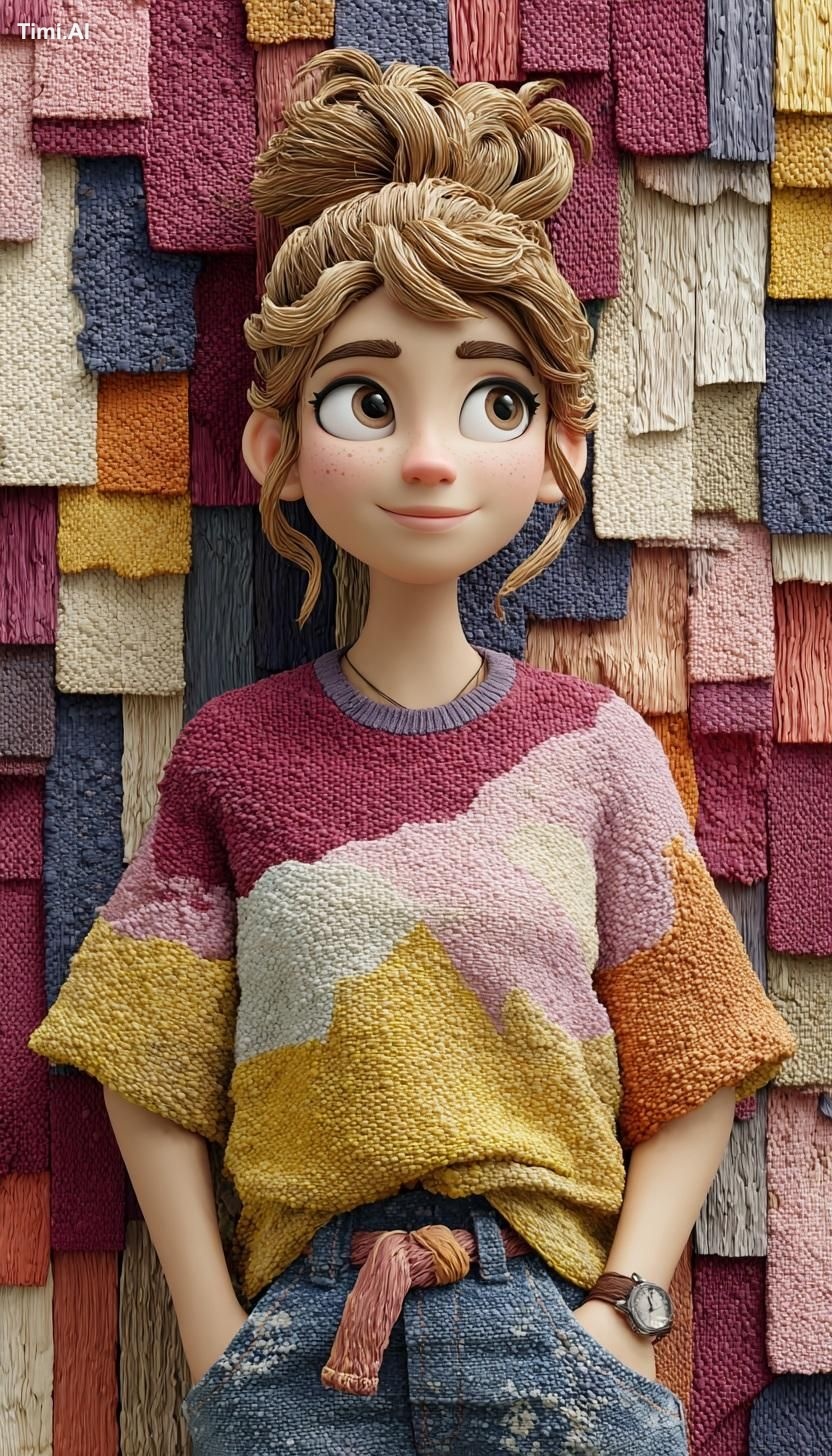 1. A stylized 3D animated young woman with a warm, whimsical look, big …
