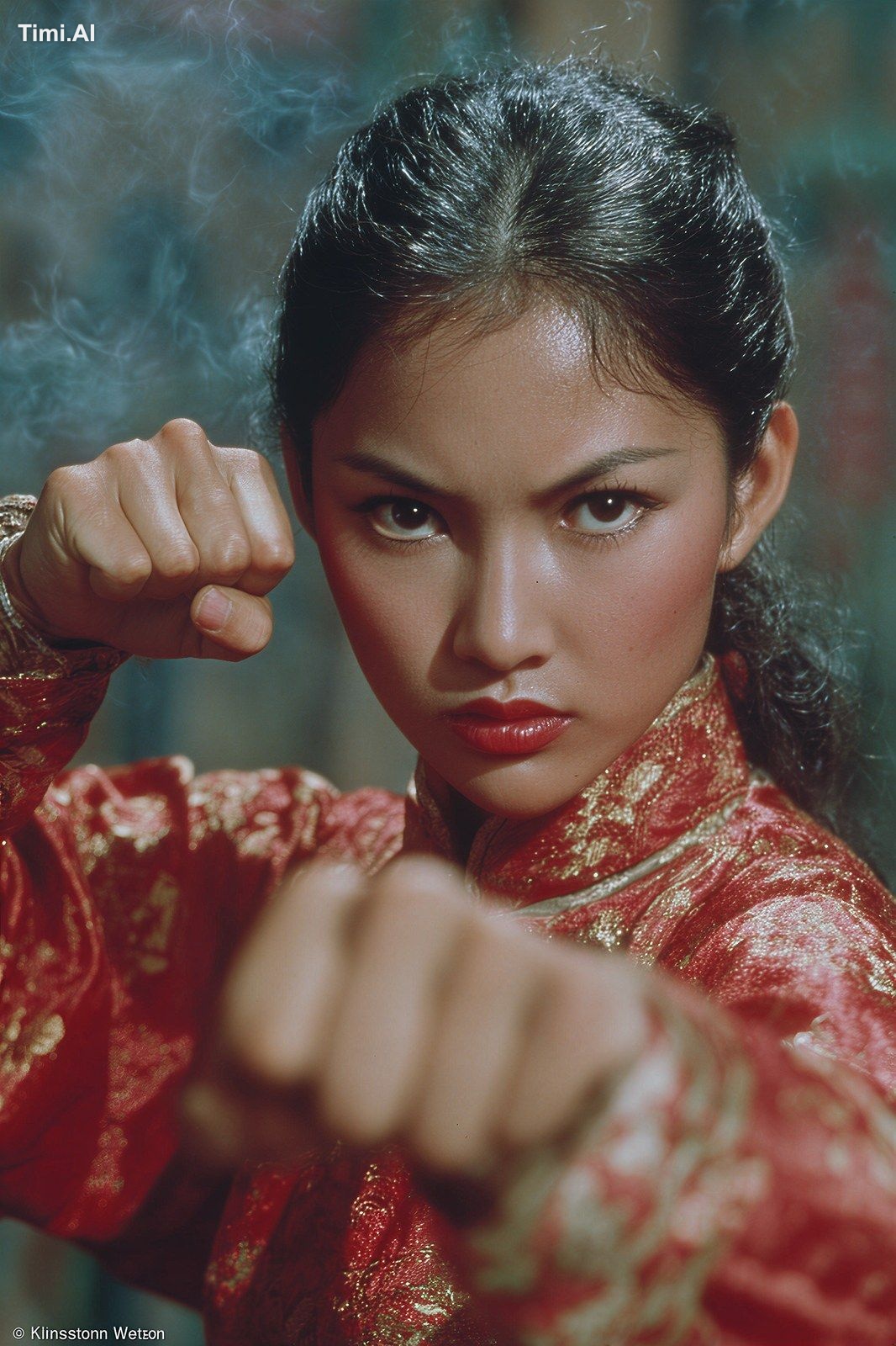 A high-quality 1970s Shaw Brothers Wuxia film still, half-body close-up…