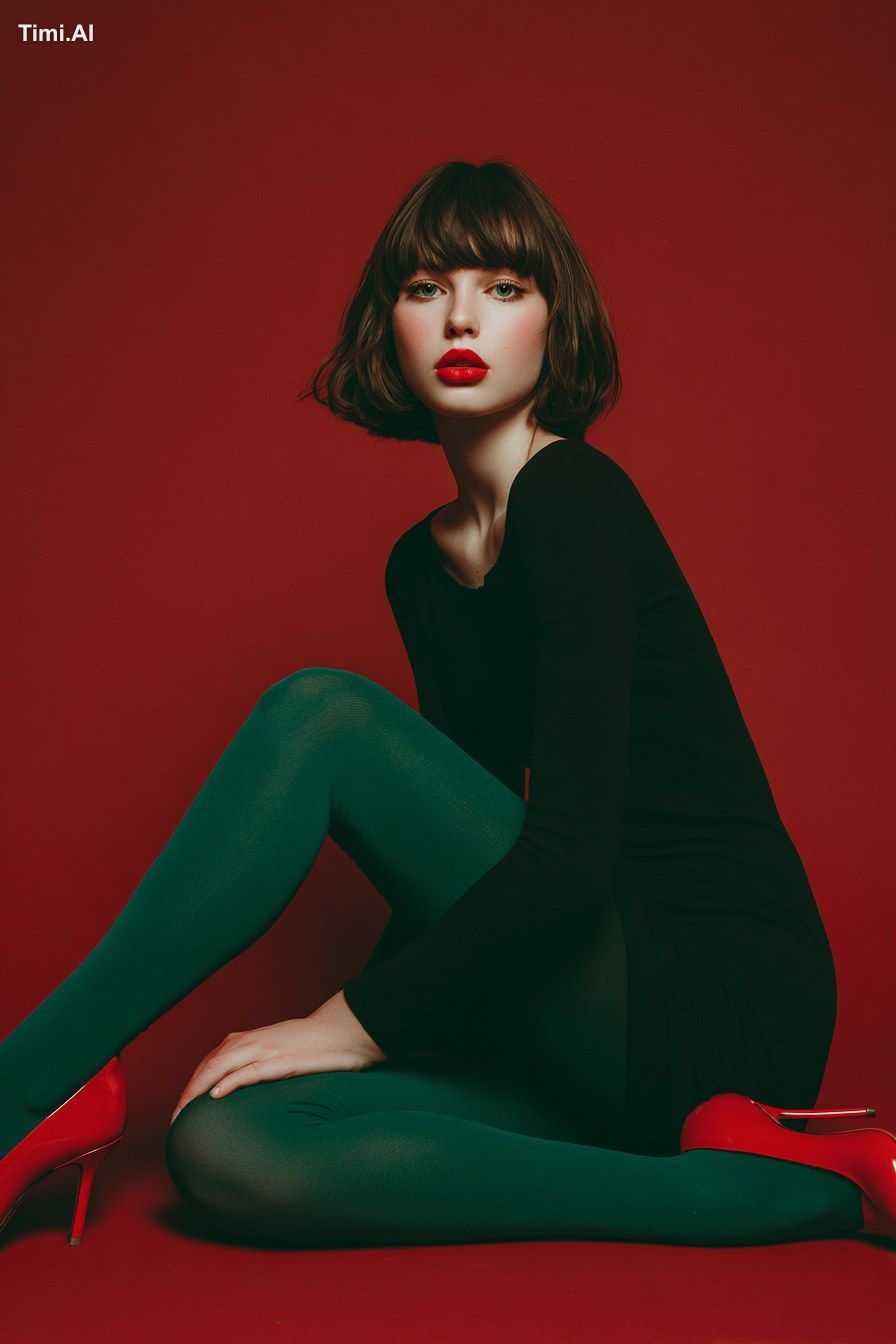 A high-fashion editorial portrait of a woman sitting on the floor in a …