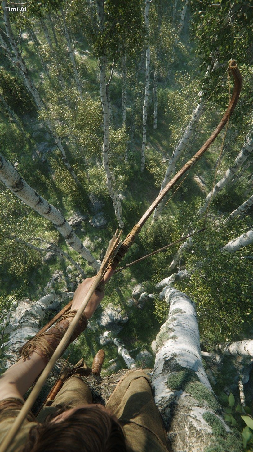 first-person view of a female archer sitting on a high oak tree branch,…