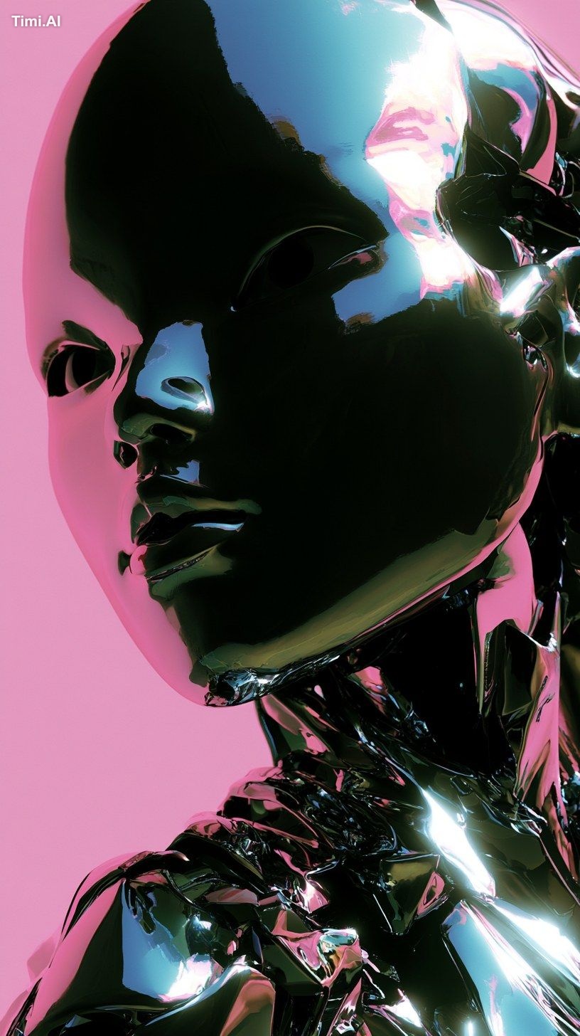 Surreal chrome woman in profile view, sculptural metallic face, highly …