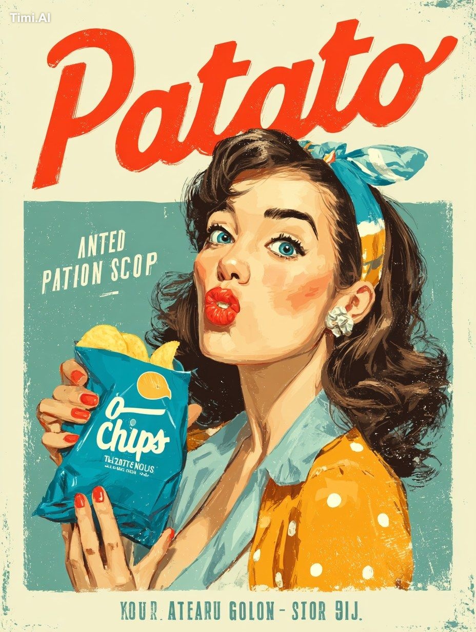 Vintage Chinese advertising sign "Patato Chips", lady hold a blue and w…