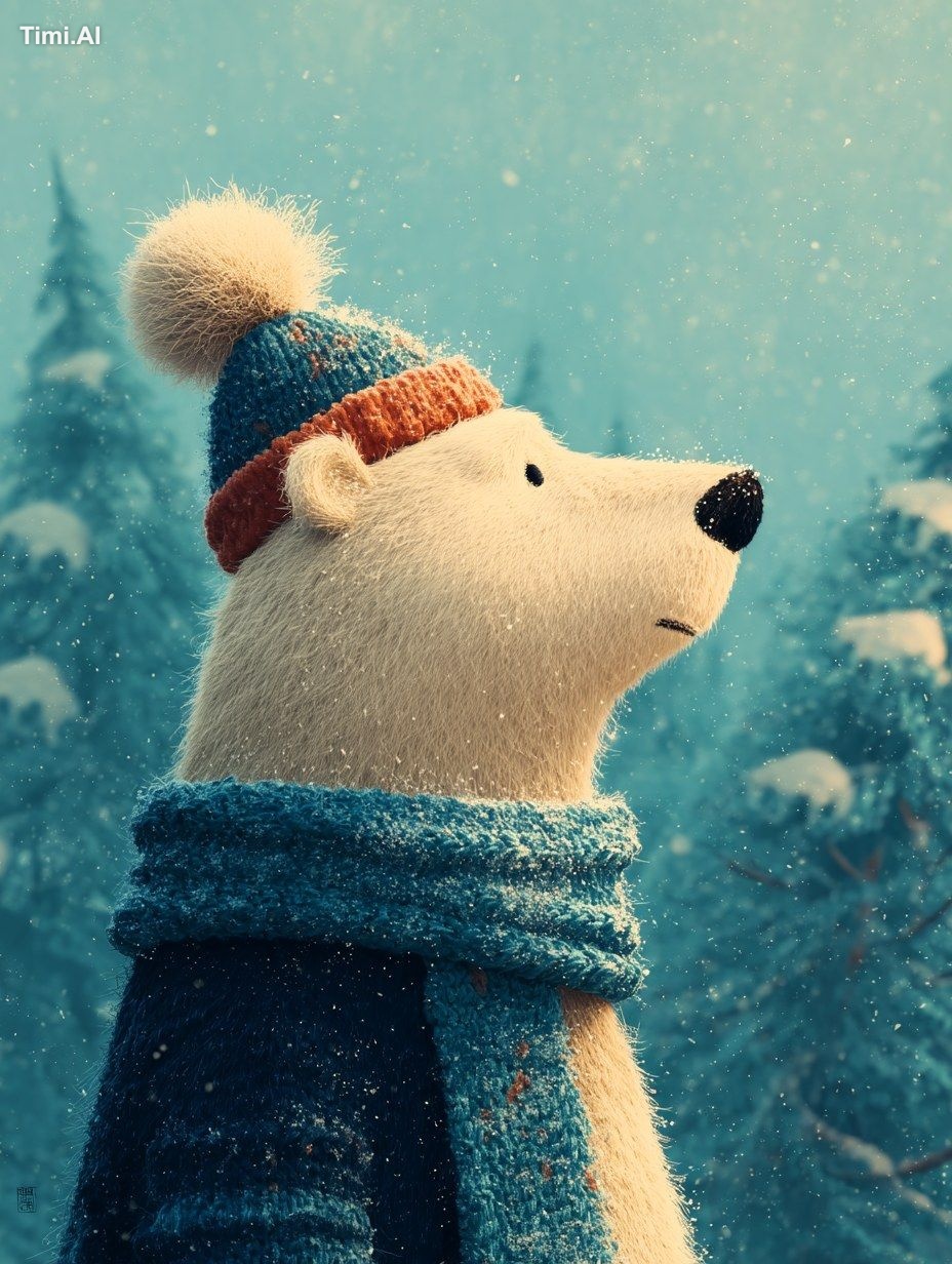 whimsical and heartwarming winter scenefeaturing a polar bear standing …